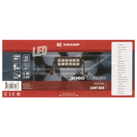 LA10302 Work light bar LED, rectangular, 12/24V, white, 198.6x79.5mm, Cable, Flood, 12 LED's, Kramp - JB Barrett